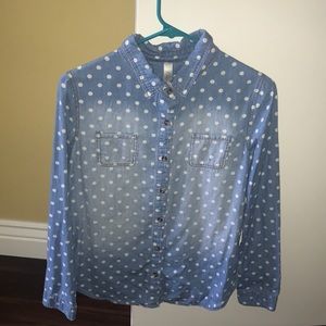 Cherokee denim polka dot button down blouse